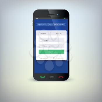 Smartphone with login, password and registration application form on a screen in flat design.