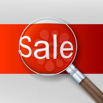 Magnifying glass over red background. Banner ad sale. Vector illustration.