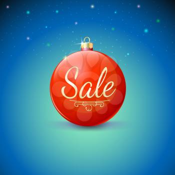 Sale, red Christmas ball over starry background. Vector illustration.