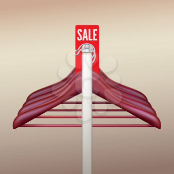 Clothes hangers hanging on a rack with a sign Sale. Vector illustration for your advertising and promotion