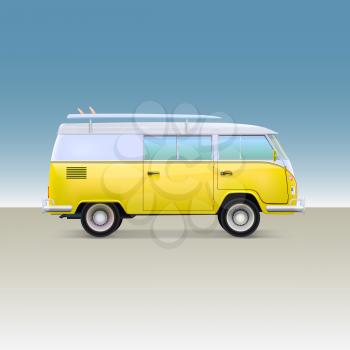 Classic yellow minivan with surfboard. Vintage bus, side view, vector illustration