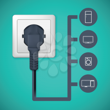 Electrical plug closeup. Flat icons with silhouettes of electric appliances.