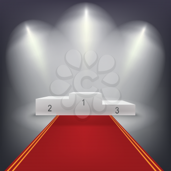 Illuminated business winners podium in dark room with red carpet.. Vector illutration.