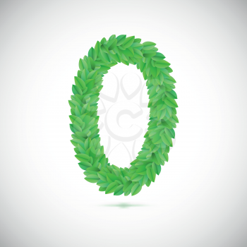 Zero figure made up of green leaves,  vector illustration