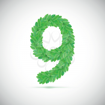 Number nine, made up of green leaves, vector illustration