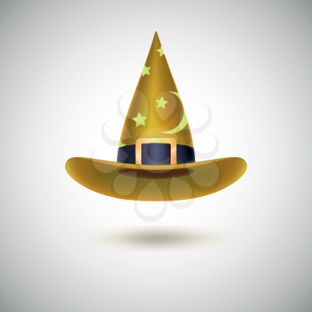 Yellow witch hat with black strip and stars for Halloween, isolated on white background.