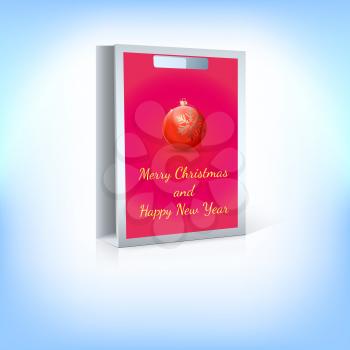 Paper bag with a picture, red Christmas ball with greeting inscription