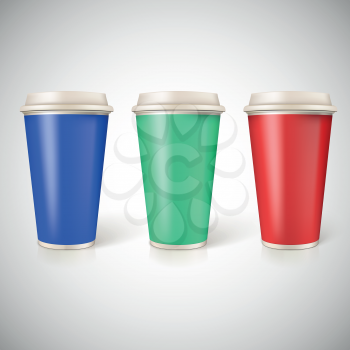 Disposable cups for coffee, closeup with multicolored labels. Vector for your design.