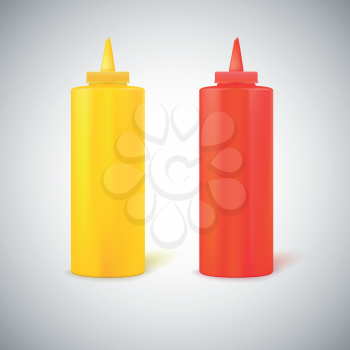 Close up bottles of mustard and ketchup on white background