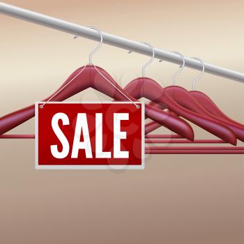 Wooden clothes hangers with sale tag, label. Vector illustration for your advertising and promotion