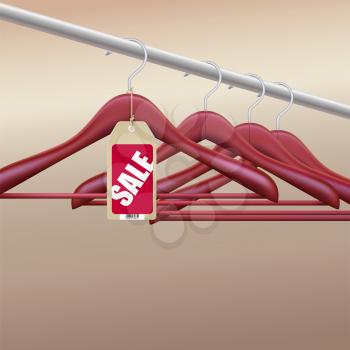 Wooden hangers with red sale tag, label. Vector illustration for your advertising and promotion