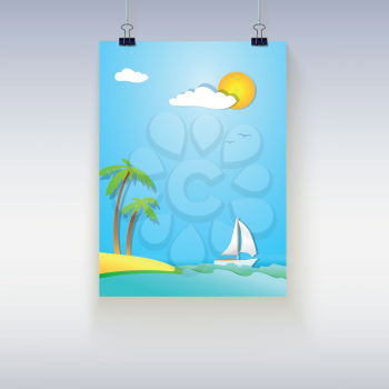 Summer vacation poster. Beautiful seaside view on sunny day with sand and palm