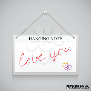 Hanging note board with text, writed red ink Love you