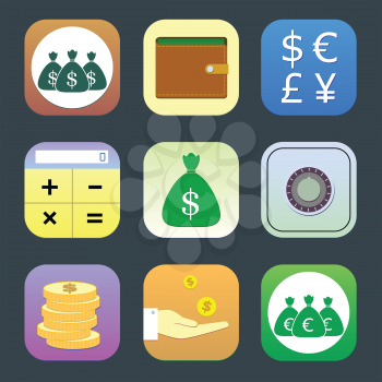 Flat icons, monetary topics for web and mobile applications
