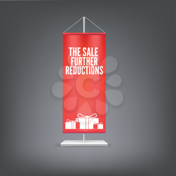 The sale further reductions. Vertical red flag at the pillar. Advertising for your business events.