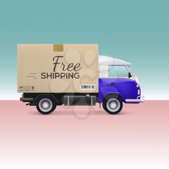 Delivery car. Free shipping inscription on cardboard box