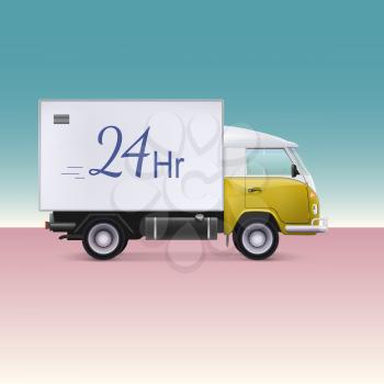 Delivery truck. Vehicle for the delivery of goods. Hour shipping inscription