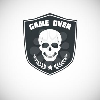 Game over symbol with skull, star and Laurel branches on background of the shield. Vector illustration for your design.
