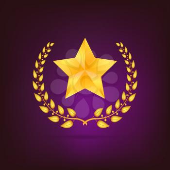 Golden laurel wreath with star. Detailed vector illustration on colored background.