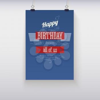 Poster happy birthday hanging on the wall, vector illustration.