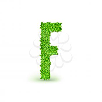 Green Leaves font. Capital letter F consisting of green leaves, vector illustration.