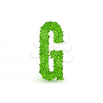 Green Leaves font. Capital letter G consisting of green leaves, vector illustration.