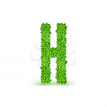 Green Leaves font. Capital letter H consisting of green leaves, vector illustration.