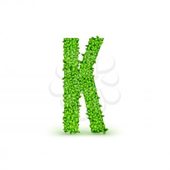 Green Leaves font. Capital letter K consisting of green leaves, vector illustration.