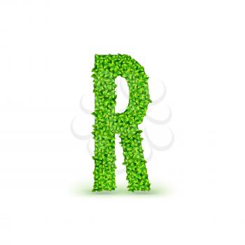 Green Leaves font. Capital letter R consisting of green leaves, vector illustration.
