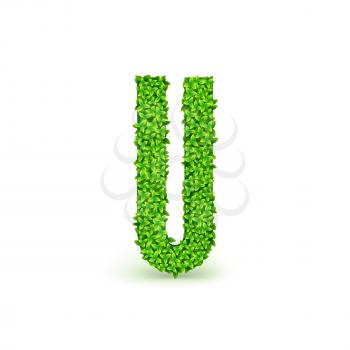Green Leaves font. Capital letter U consisting of green leaves, vector illustration.