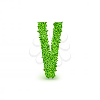 Green Leaves font. Capital letter V consisting of green leaves, vector illustration.