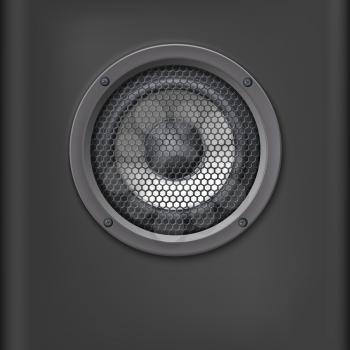 Sound speaker with grille on dark background.