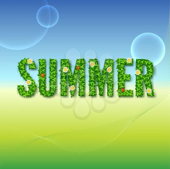 Word Summer with green leaves, flowers and ladybugs. Summer background