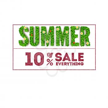 Summer sale. Large letters with green foliage and an inscription in the form of a stamp