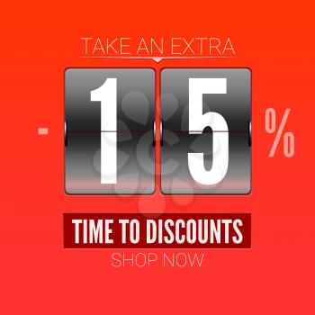 Sale design for coupon. Time to discounts advertising sales on analog flip clock.
