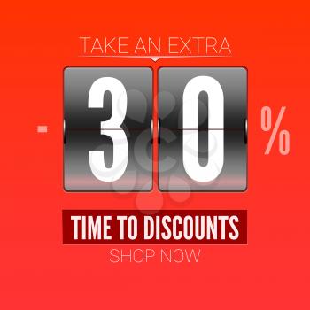 Sale coupon, voucher. Time to discounts sales. Advertising on analog flip clock, vector illustration