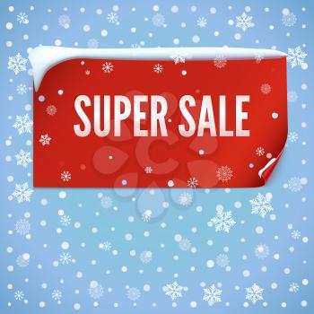 Winter sale background with red curved paper banner ribbon banner and snow. Sale. Winter sale. Christmas sale. New year sale. Vector illustration