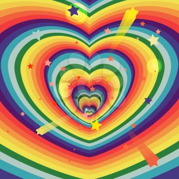 Bright colored heart and star disco background. Vector illustration.
