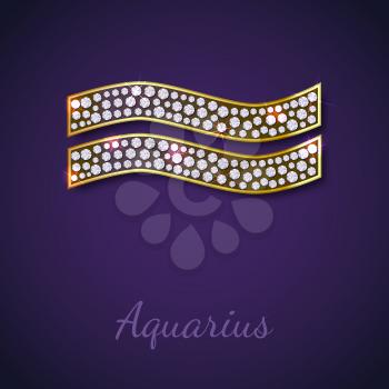 Golden Aquarius zodiac signs with diamonds, editable vector illustration