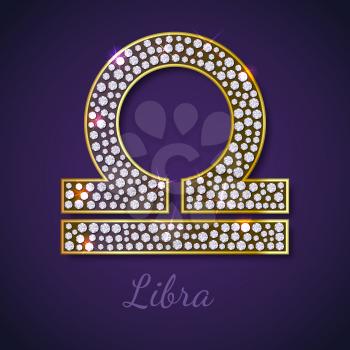 Golden Libra zodiac signs with diamonds, editable vector illustration