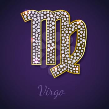 Golden Virgo zodiac signs with diamonds, editable vector illustration