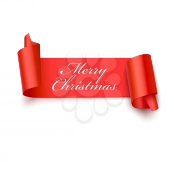 Red curved paper banner, ribbon with Marry Christmas inscription isolated on white background. Vector illustration. Background for your design.