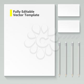 Vector realistic branding mock up, isolated on white background with sheets of paper, business cards, pencils and paper clips