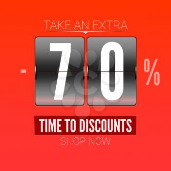 Sale design for coupon. Time to discounts advertising sales on analog flip clock.