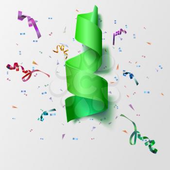 Colorful streamers with confetti. Green curved ribbon, on celebration background with colorful confetti and ribbons. New year and xmass background