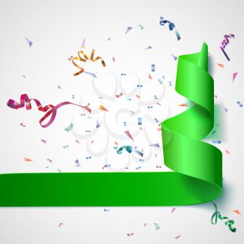 Colorful streamers with confetti. Green curved ribbon, on celebration background with colorful confetti and ribbons. New year and xmass background