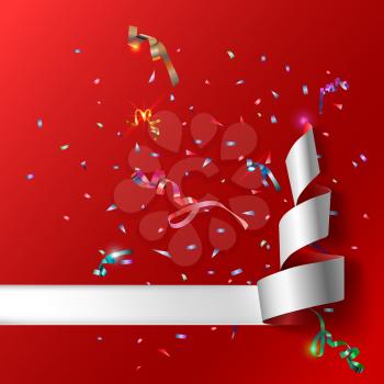 Colorful streamers with confetti. Red curved ribbon, on celebration background with colorful confetti and ribbons. New year and xmass background