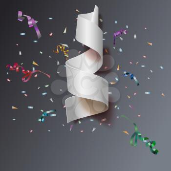 Colorful streamers with confetti. White curved ribbon, on celebration background with colorful confetti and ribbons. New year and xmass background
