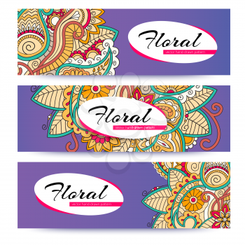 Vector banner templates set with doodles floral summer theme