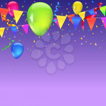 Abstract colored background with balloons, garlands of colored flags, streamers and confetti. Holiday greeting card for Christmas, new year, birthday or anniversary. Template for your inspiration